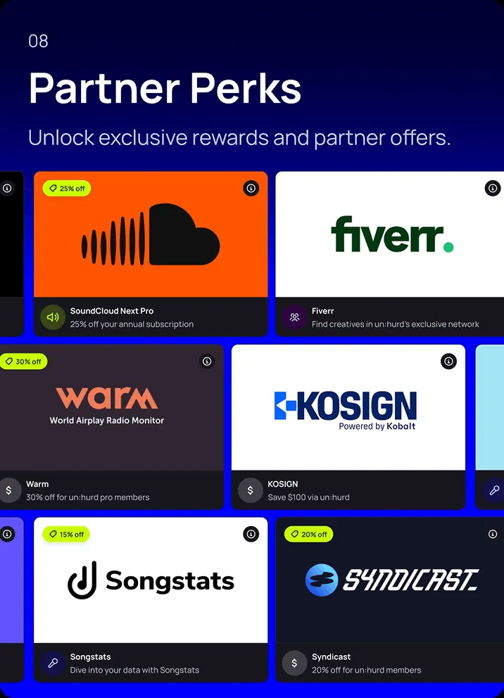 un:hurd music Partner Perks card showing exclusive rewards and partner offers for members