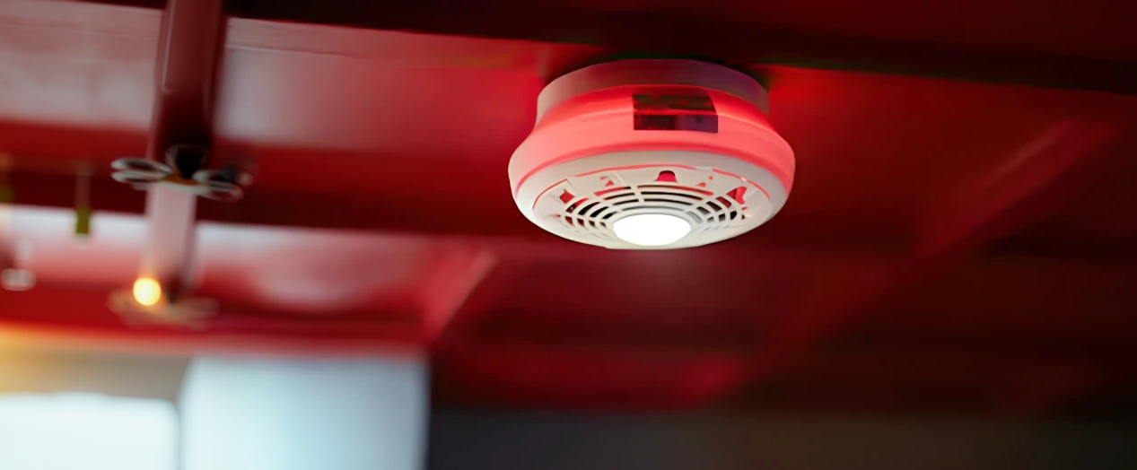 Smoke detector with a red indicator light mounted on a red ceiling.