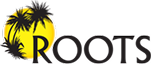 Logo with a stylized palm tree and letter R incorporated into the word ROOTS.