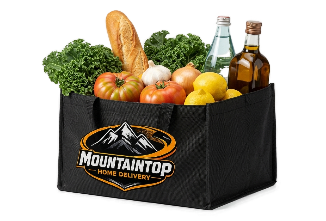 Shopping bag with Mountaintop Home Delivery logo on the side.