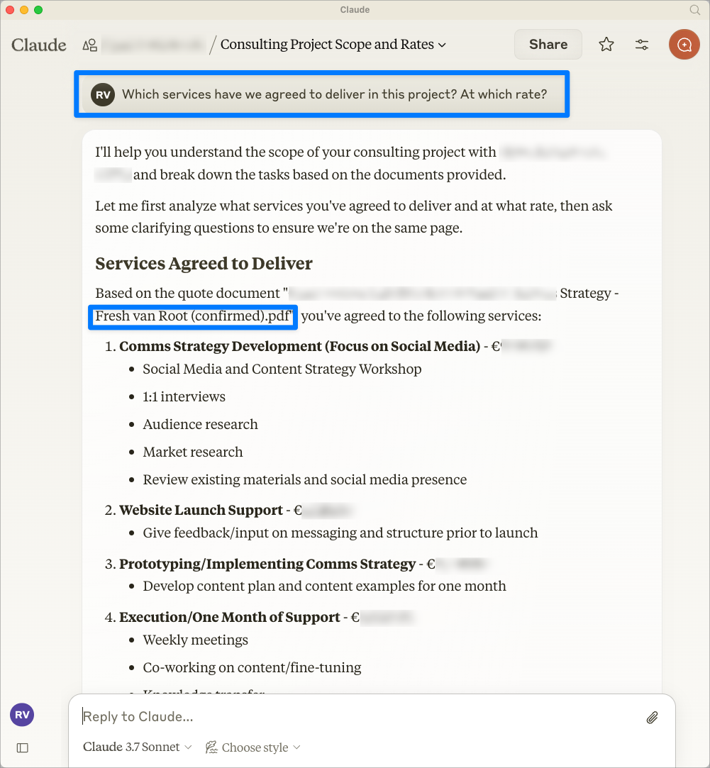 Interface de chat Claude (claude.ai) faisant référence à un document uploadé