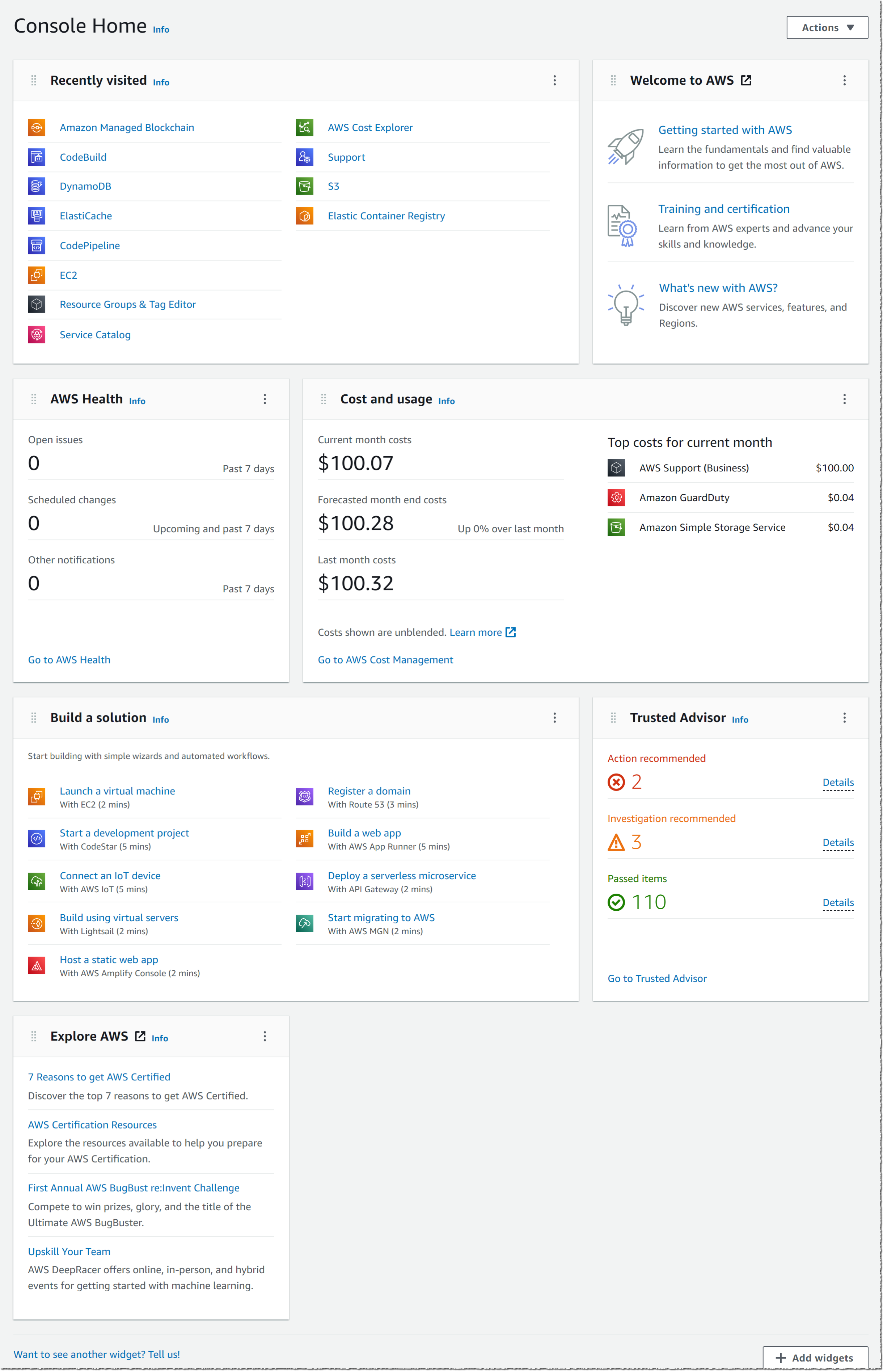 Console AWS - page d'accueil avec les services