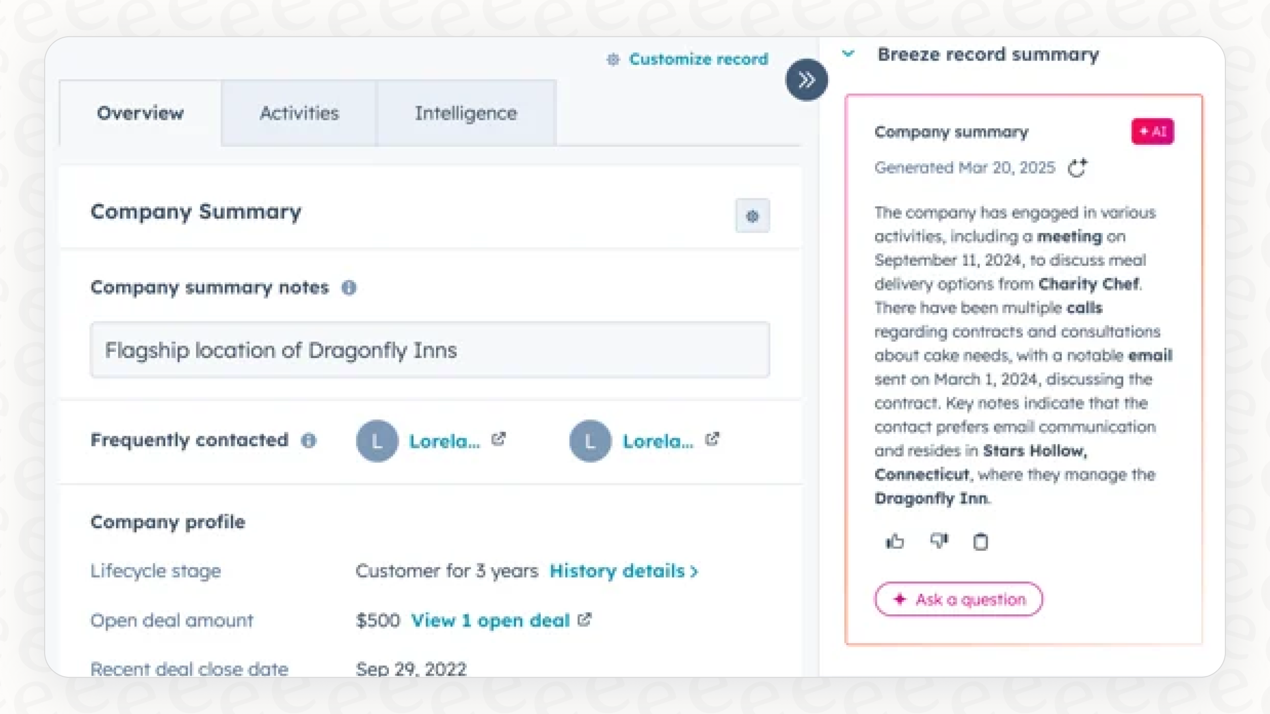 Panneau Breeze Copilot dans HubSpot - résumé d'une fiche contact