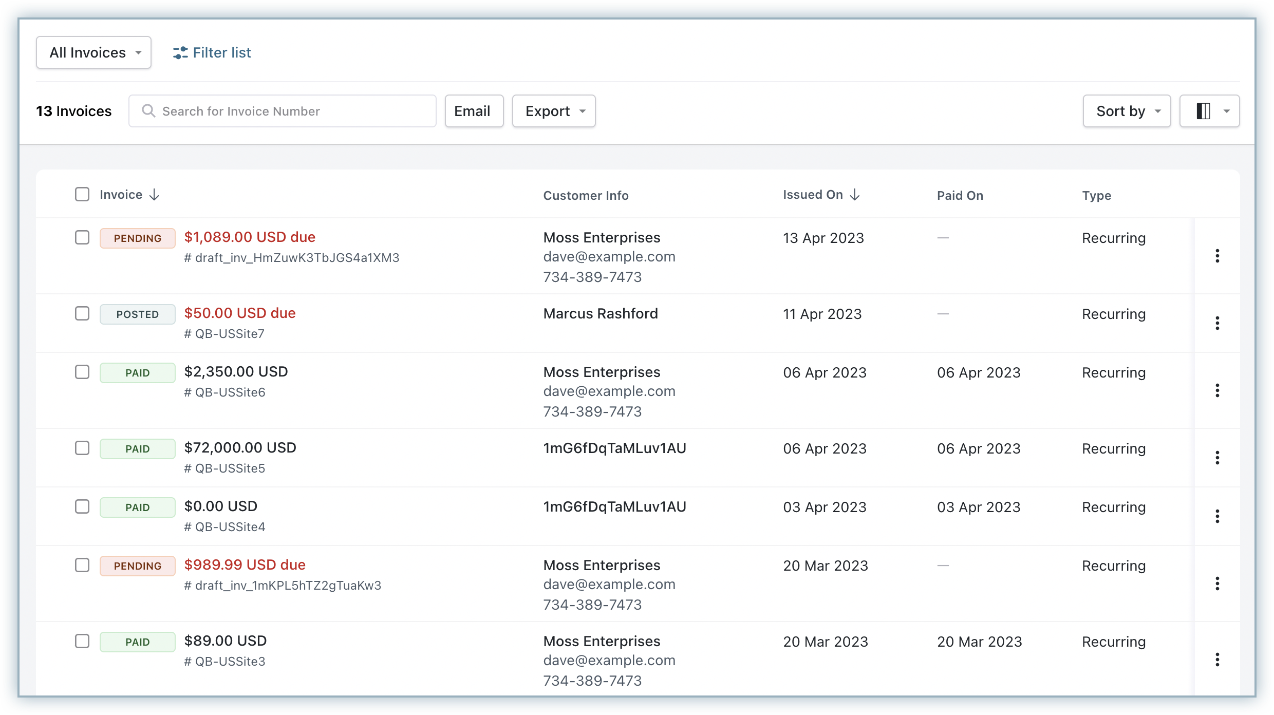 Module de facturation ChargeBee - liste des factures