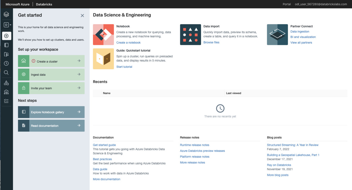 Workspace Databricks - écran d'accueil Data Science and Engineering