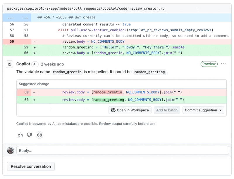 Pull request GitHub avec commentaires de revue de code (Copilot)