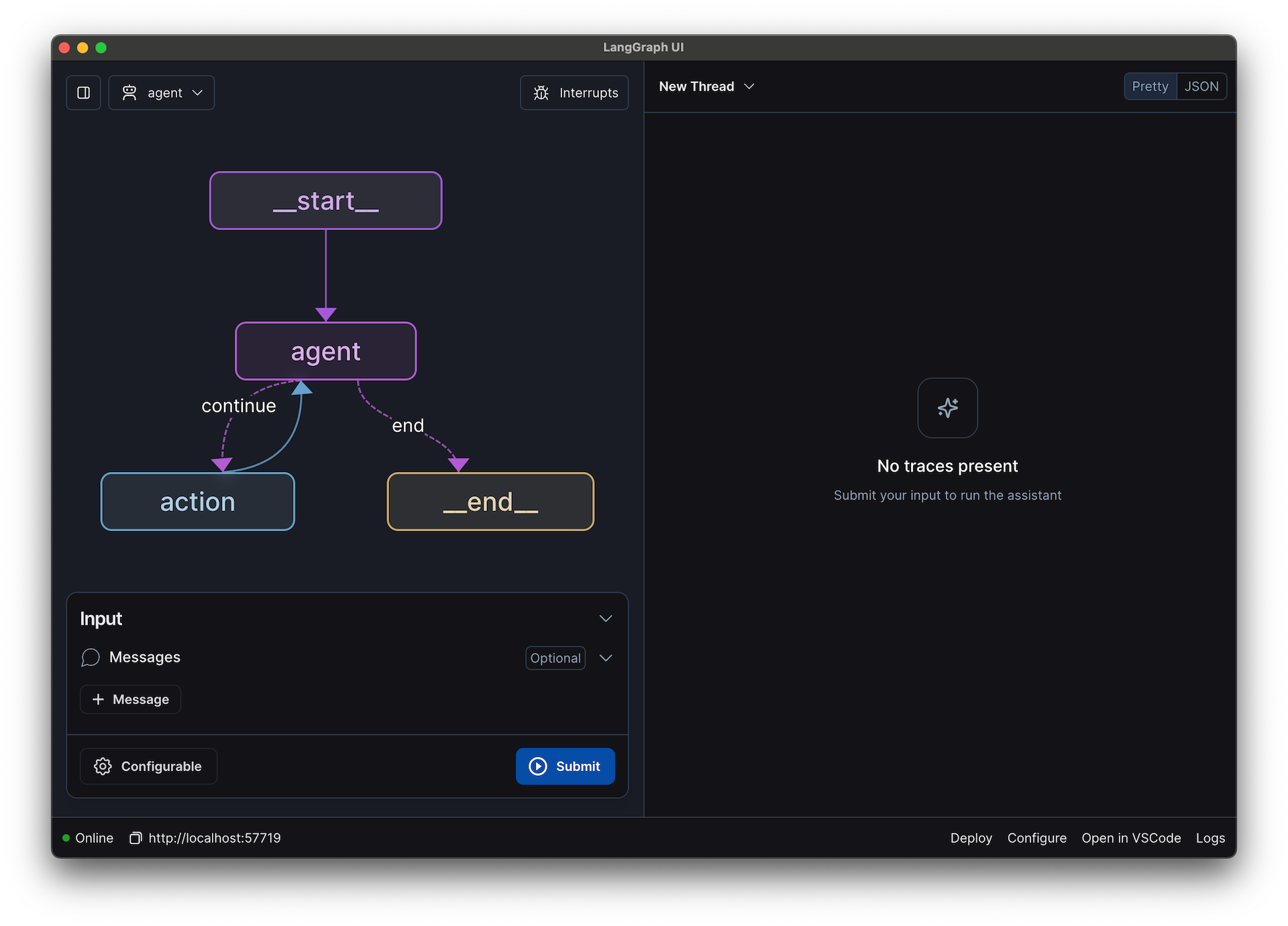Interface LangGraph Studio - graphe d'un agent
