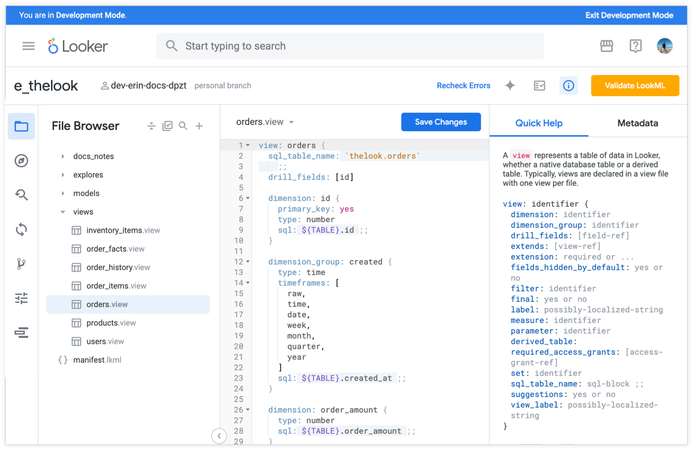IDE Looker avec un modèle LookML