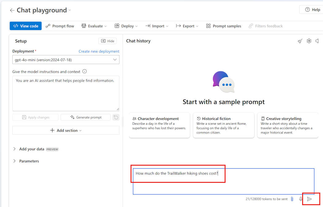 Playground de chat Azure AI Foundry avec un modèle déployé