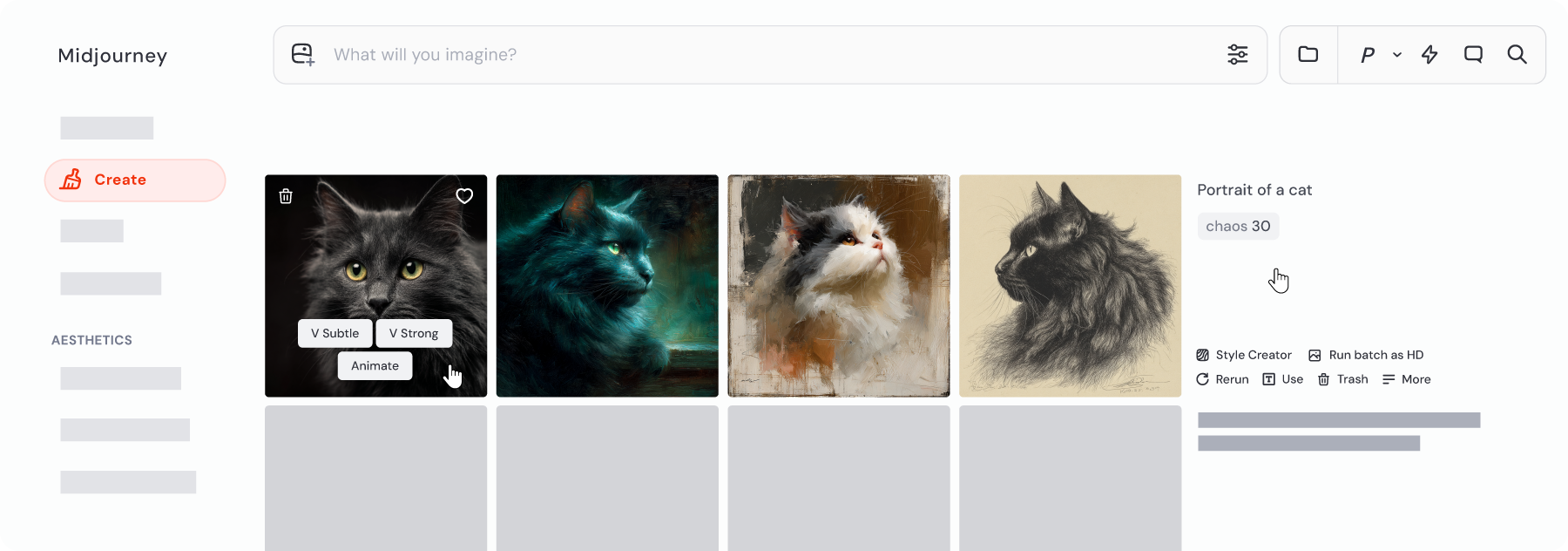 Interface web de création Midjourney - champ de prompt et résultats