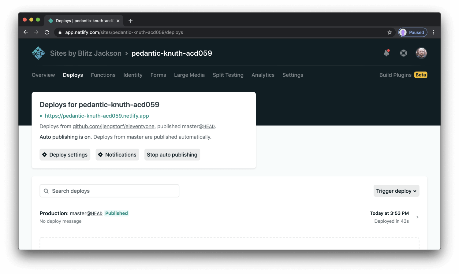 Dashboard Netlify - liste des déploiements d'un site