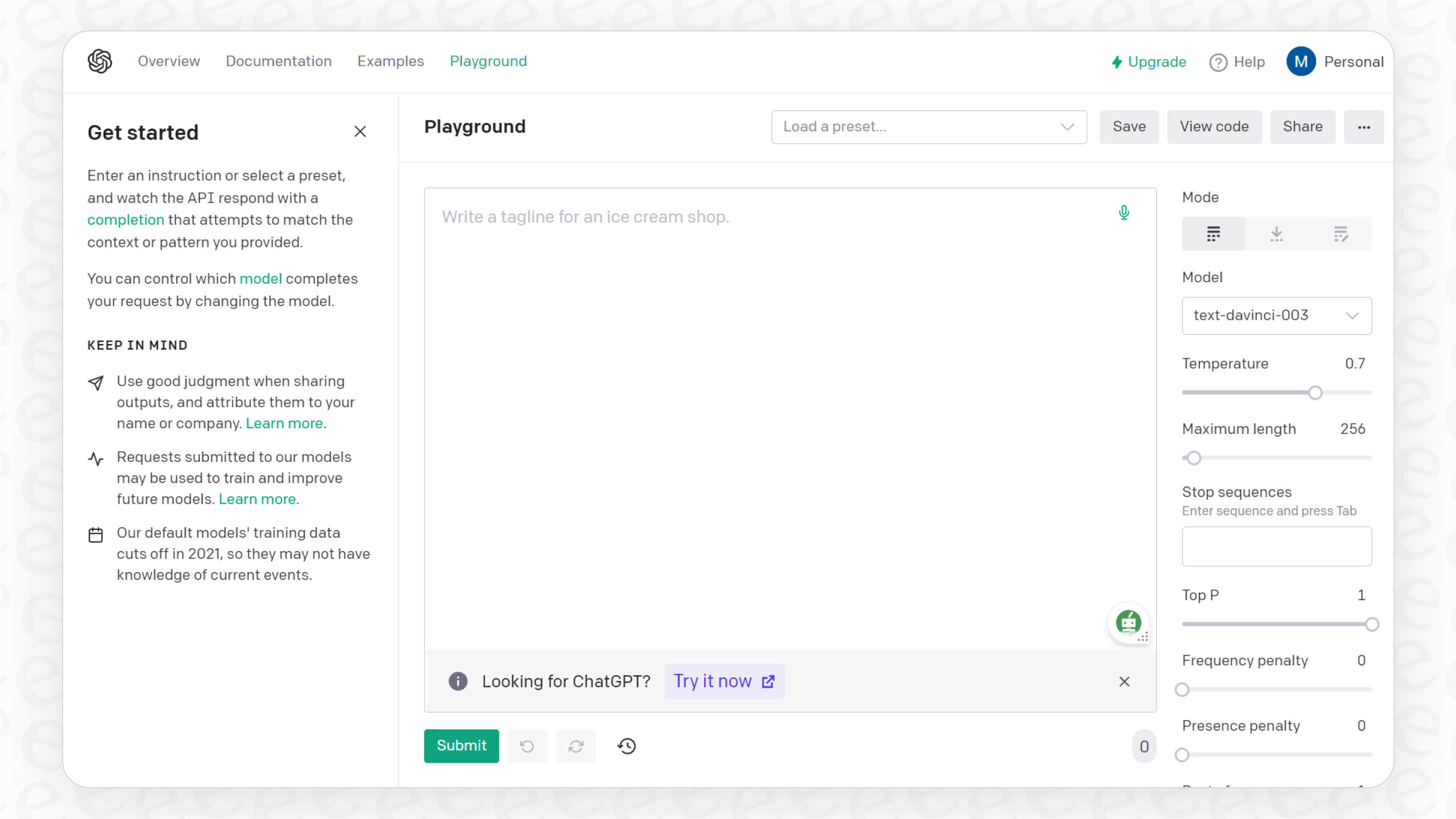 Console platform.openai.com - playground avec paramètres et modèles