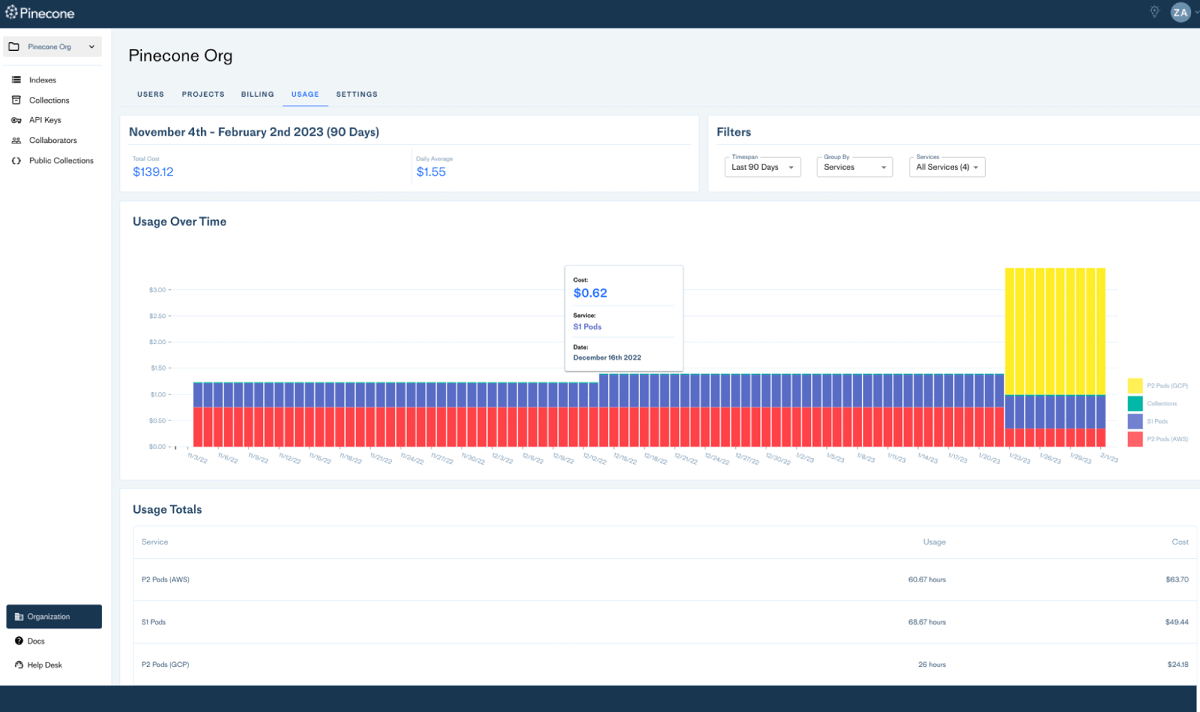 Console Pinecone montrant un index vectoriel et ses statistiques