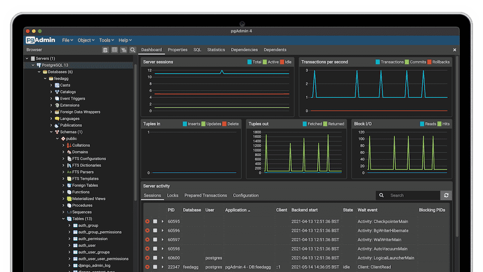 Interface pgAdmin connectée à PostgreSQL