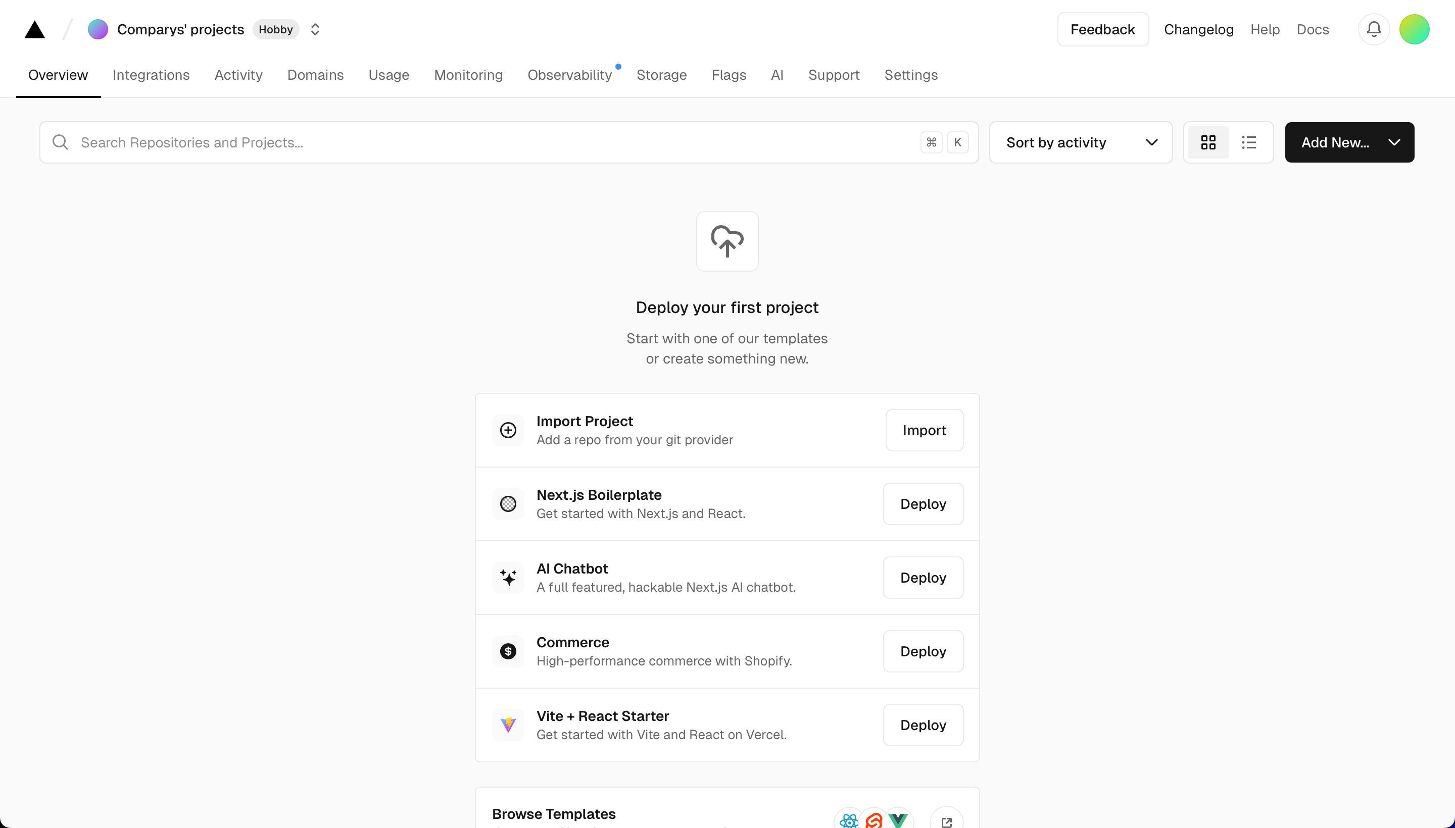Dashboard Vercel - liste des déploiements d'un projet