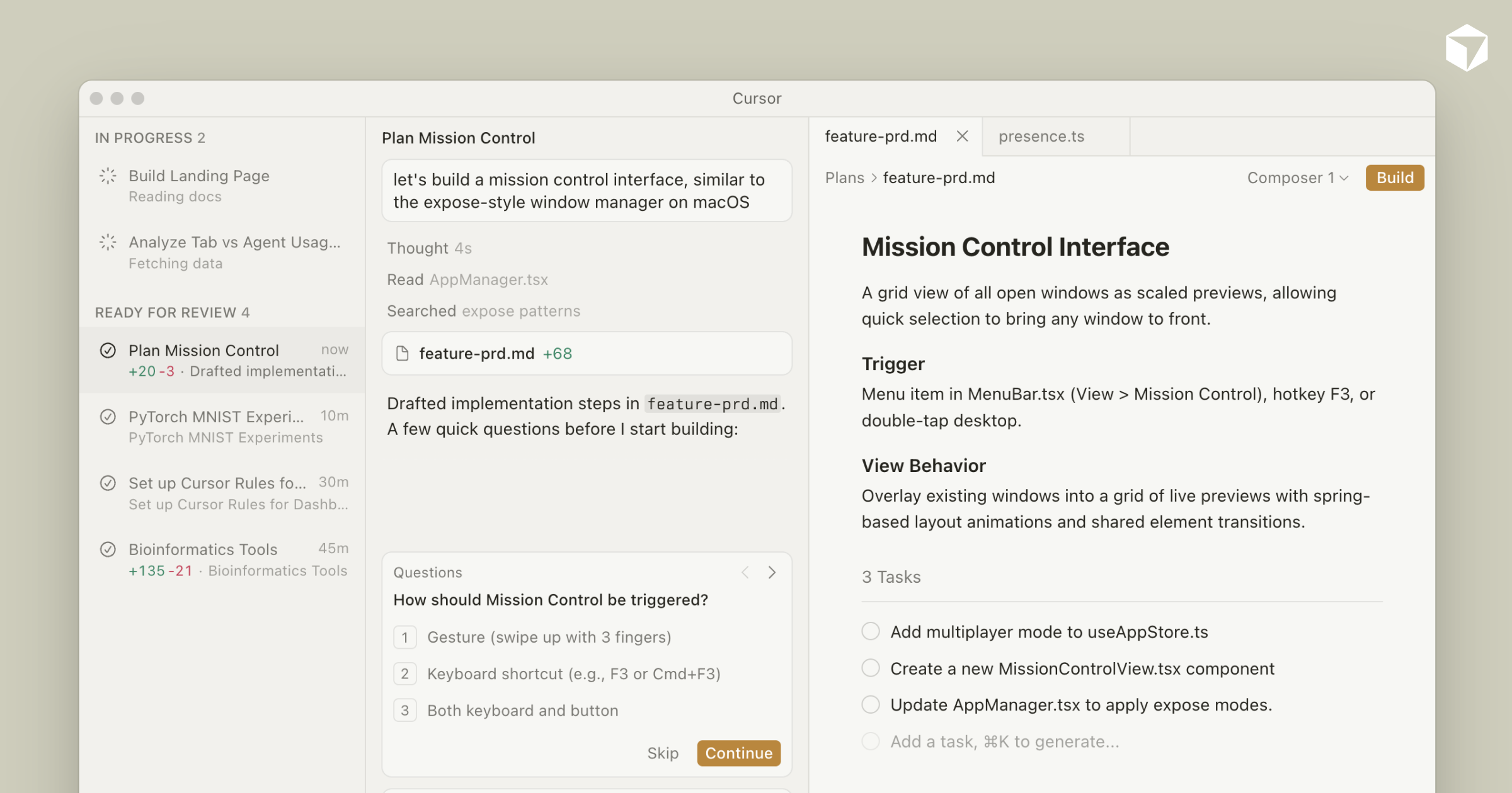 Interface Cursor avec panneau de chat IA ouvert sur un projet