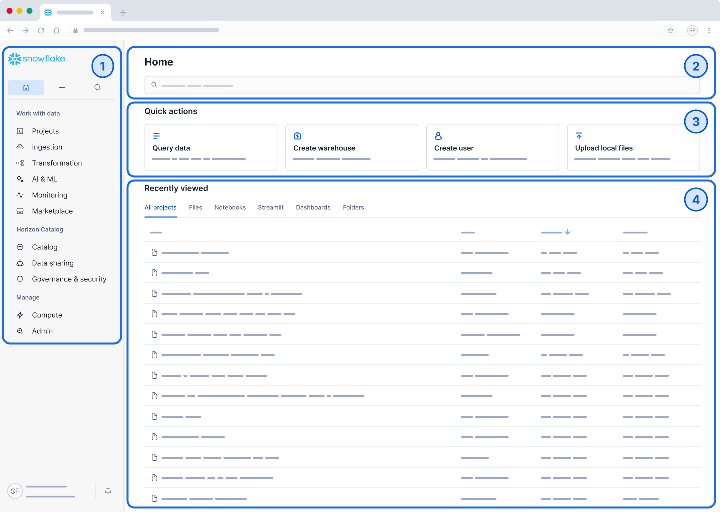 Interface Snowsight de Snowflake - feuille de requête SQL et résultats