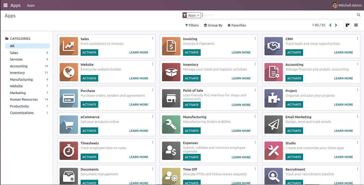 Capture d'écran du tableau de bord Odoo avec la grille des applications