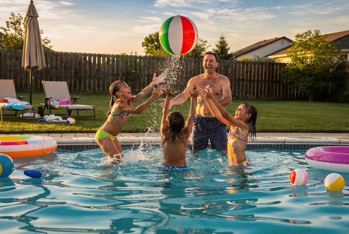 Family playing with beach ball in custom build backyard pool on sunny day