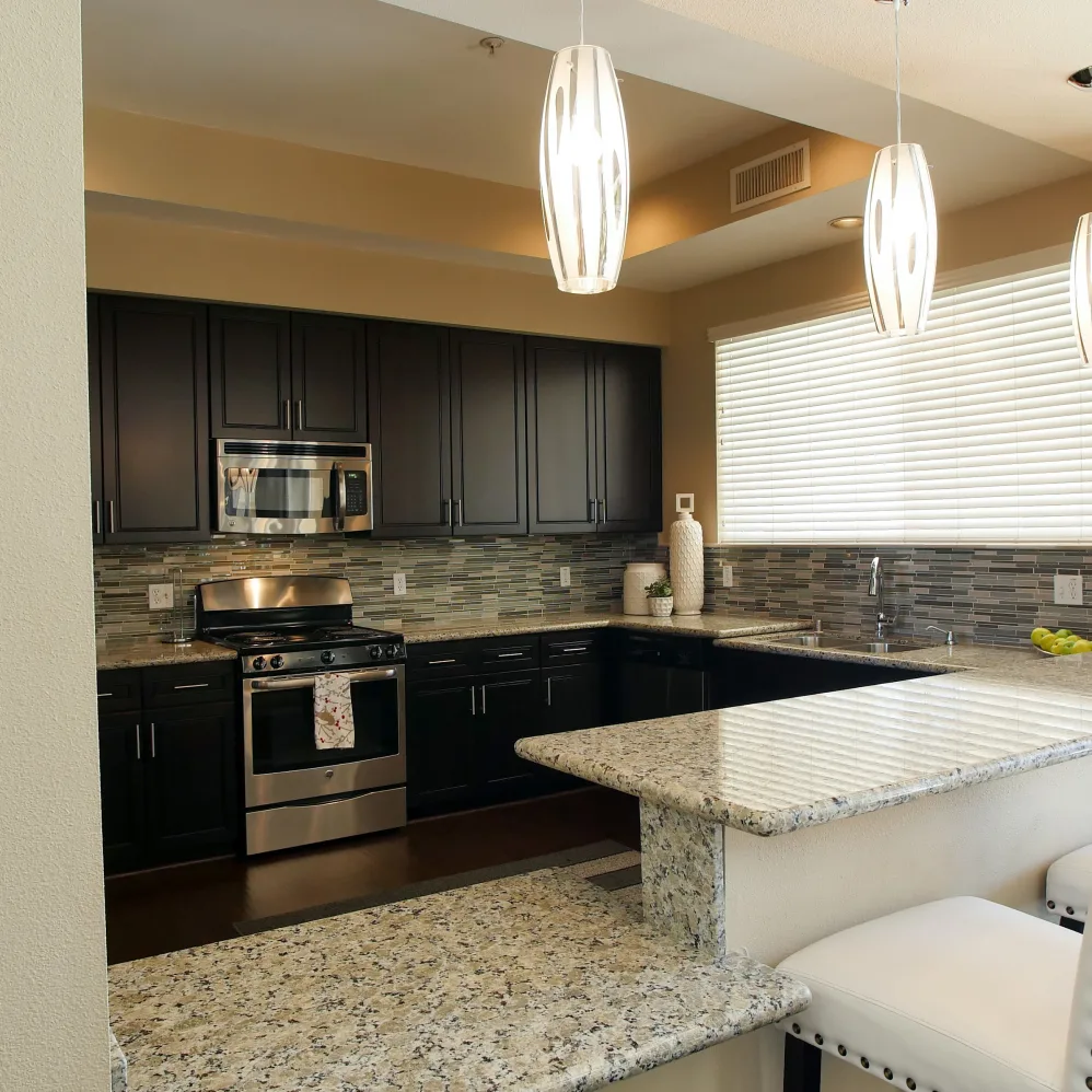 Kitchen with brown cabinets