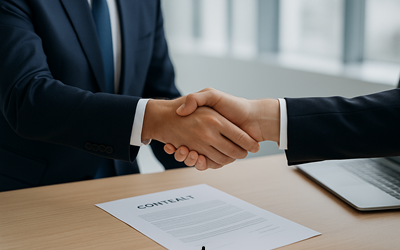 Deux hommes d’affaires en costume se serrant la main au-dessus d’un contrat sur une table, symbolisant un accord commercial et l’externalisation des négociations.