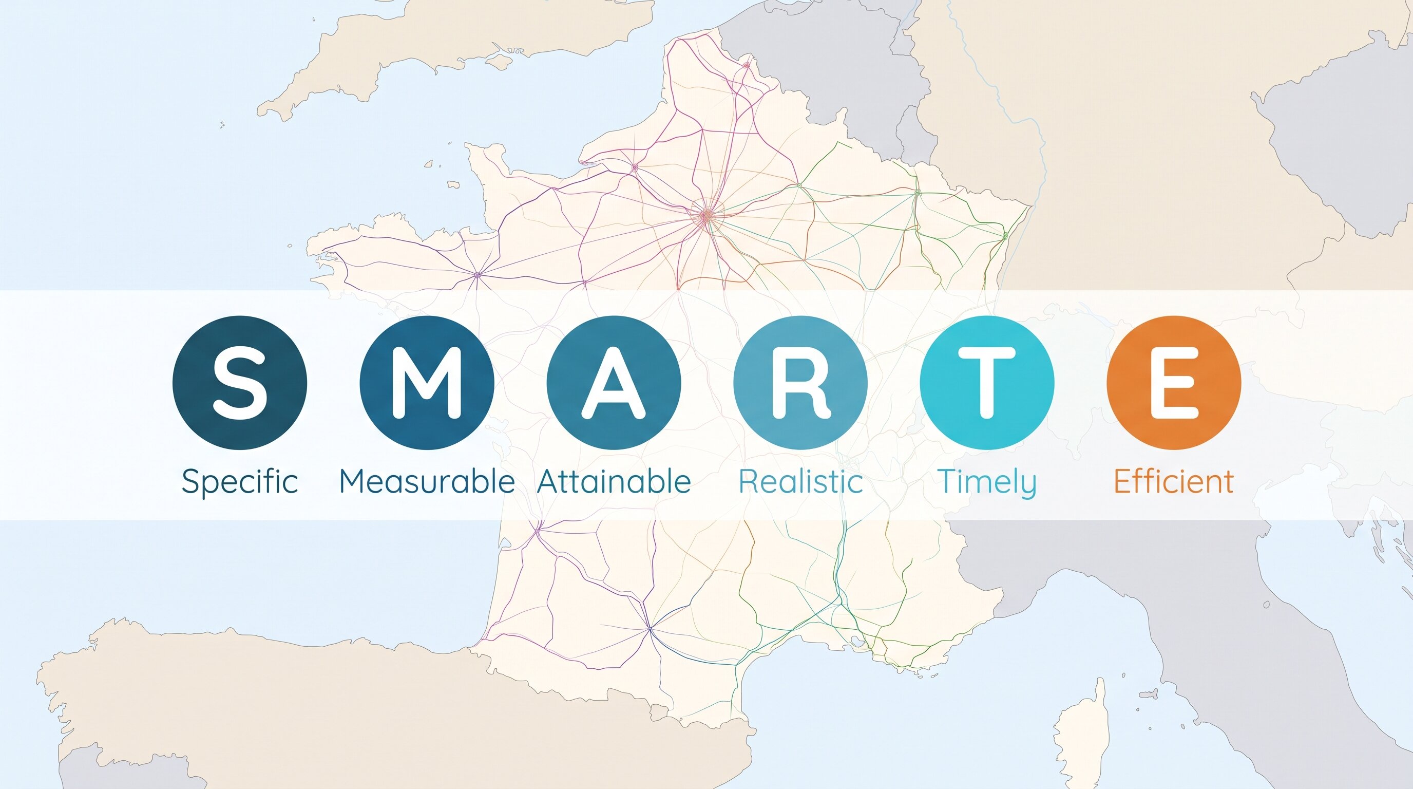 SMARTE acronym (Specific, Measurable, Attainable, Realistic, Timely, Efficient) over a map of France