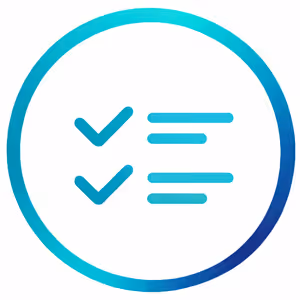 Blue circular icon featuring two checkmarks with horizontal lines representing a checklist.