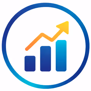 Bar chart with three bars and an upward trending arrow inside a blue circular border.