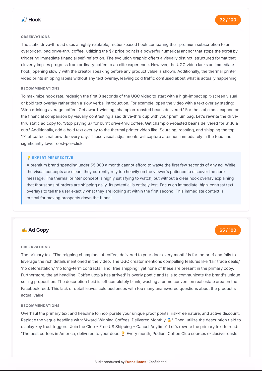 Marketing audit showing Hook scored 72 and Ad Copy scored 65 with observations and recommendations.