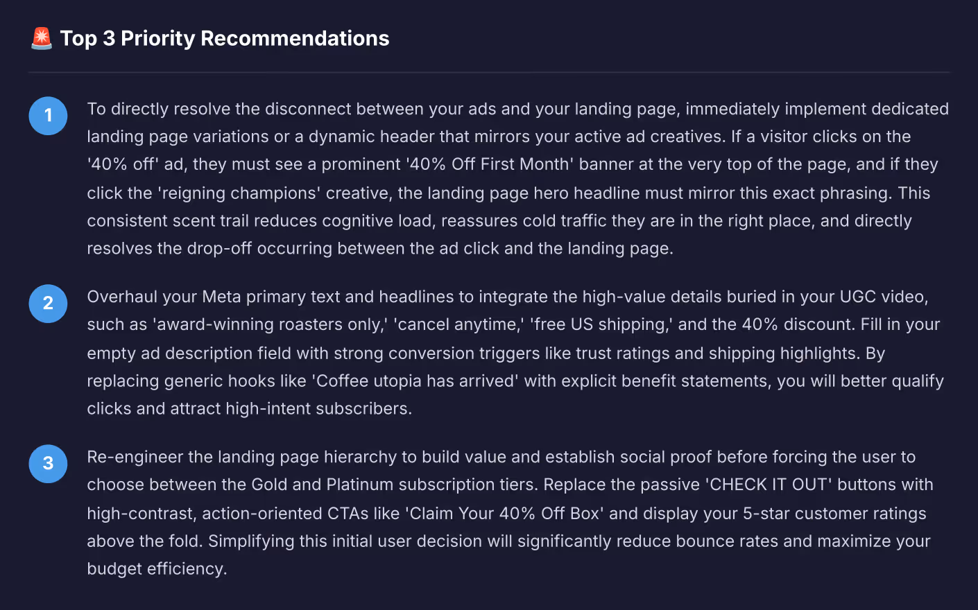Text listing three priority marketing recommendations to optimize ads, Meta text, and landing page hierarchy.