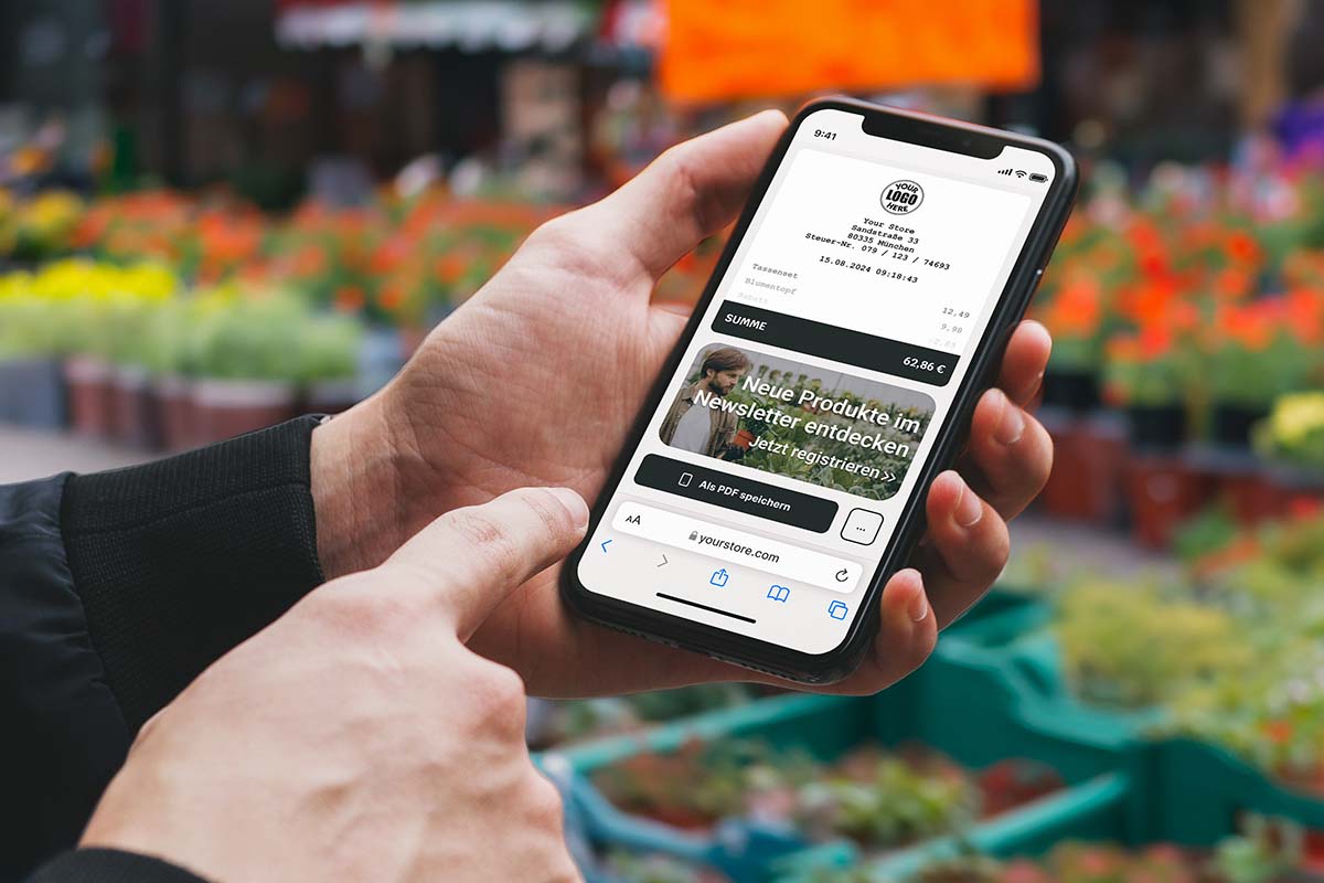 Kassenbon mit Pflichtangaben, Steuersatz und TSE-QR-Code