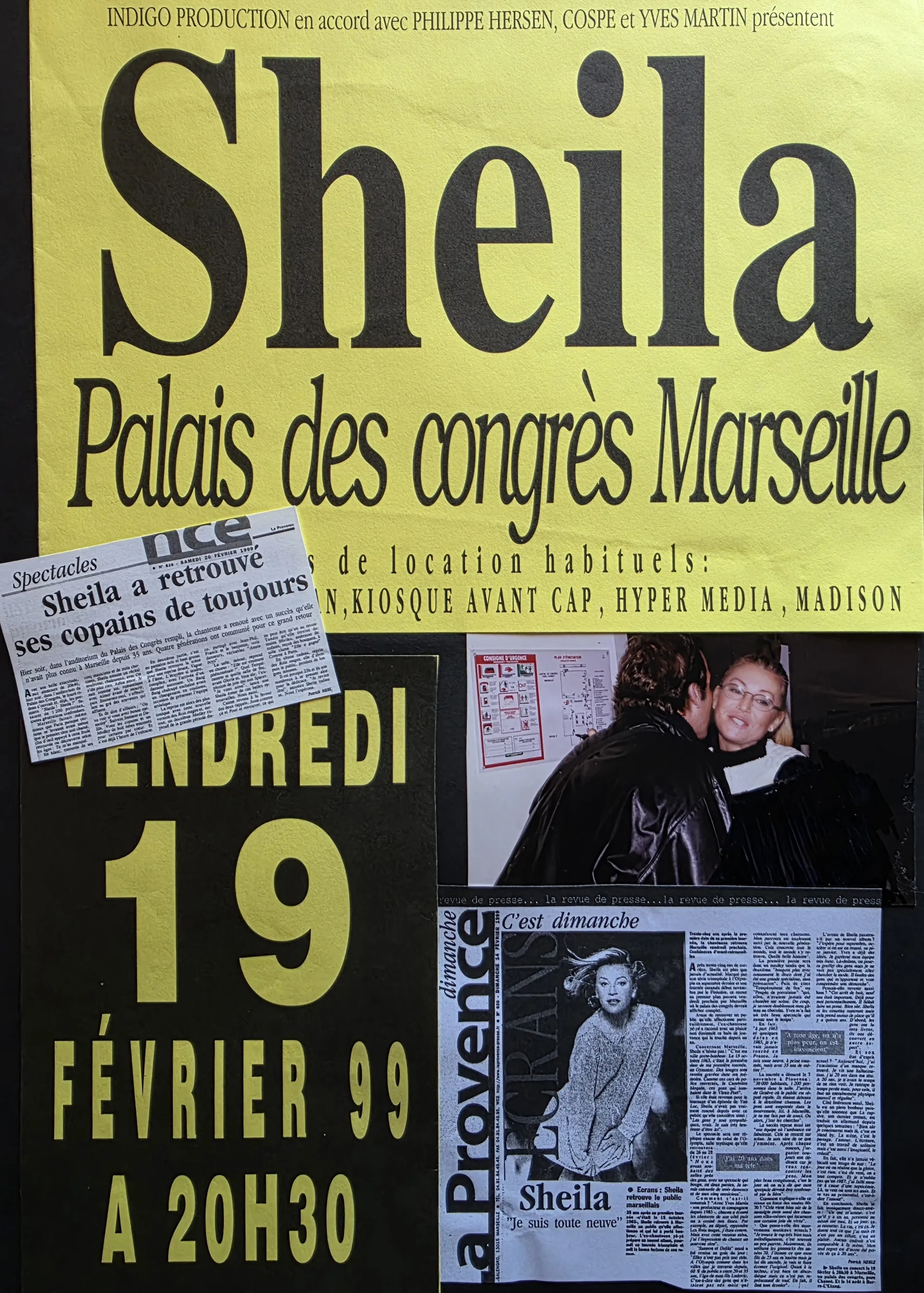 Affiche du concert de Sheila au Palais des congrès de Marseille, 19 février 1999, et coupures de presse — archives du Club 13