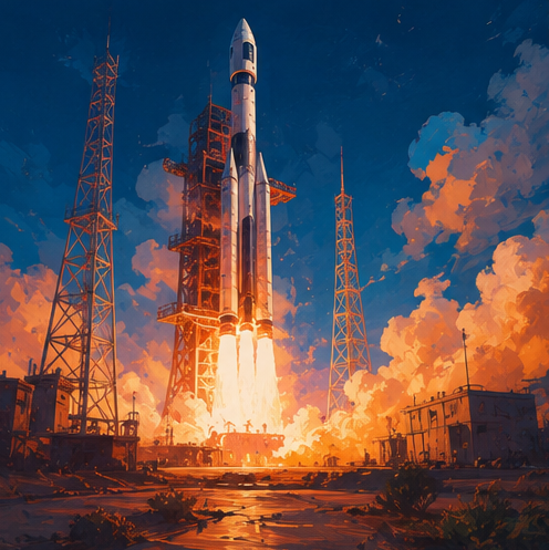 Painterly illustration of a rocket launching at golden hour