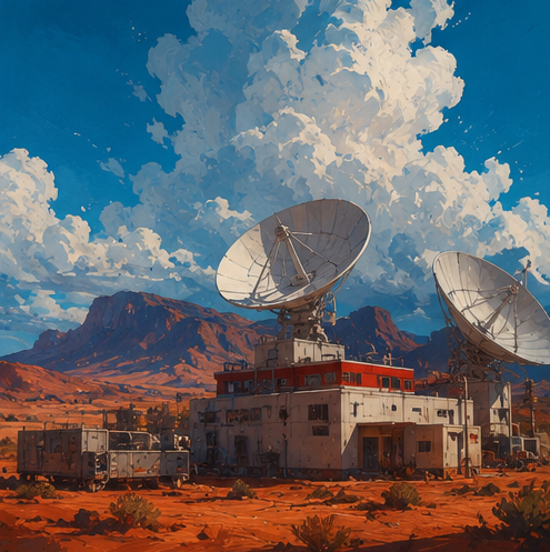 Painterly illustration of satellite dishes in a desert at golden hour