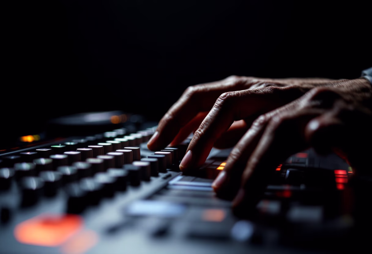music producer adjusting sound levels on a console