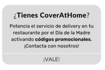 Mensaje de texto en el que aparece: ¿Tienes CoverAtHome? e información acerca de códigos promocionales para el día de la madre.