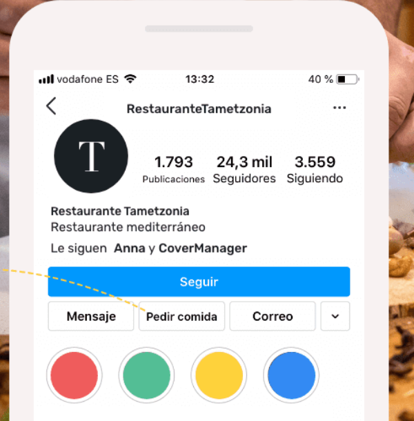 Perfil de Instagram de un restaurante en el que aparece la opción de pedir comida.