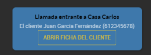Incoming call notification embedded in the CoverManager dashboard when system notifications are disabled