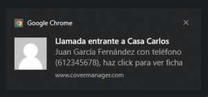 CoverManager pop-up notification identifying the calling customer before opening their profile