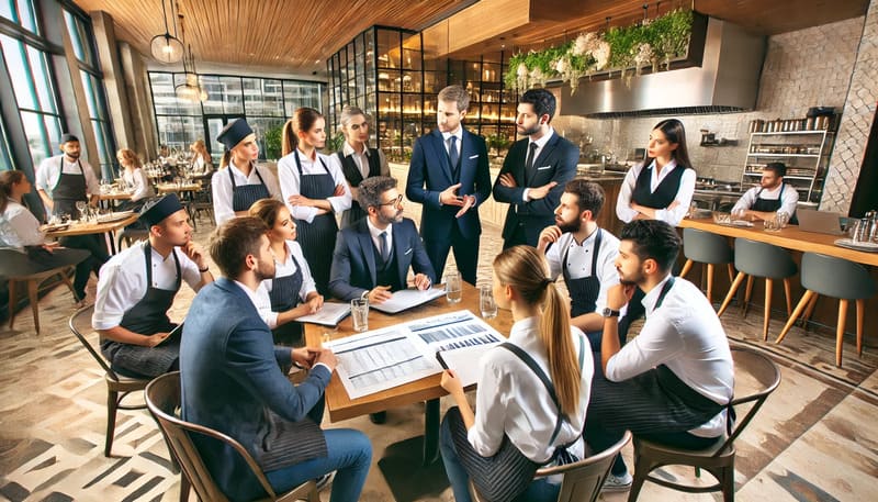 Front-of-house and kitchen team at a restaurant collaborating during service