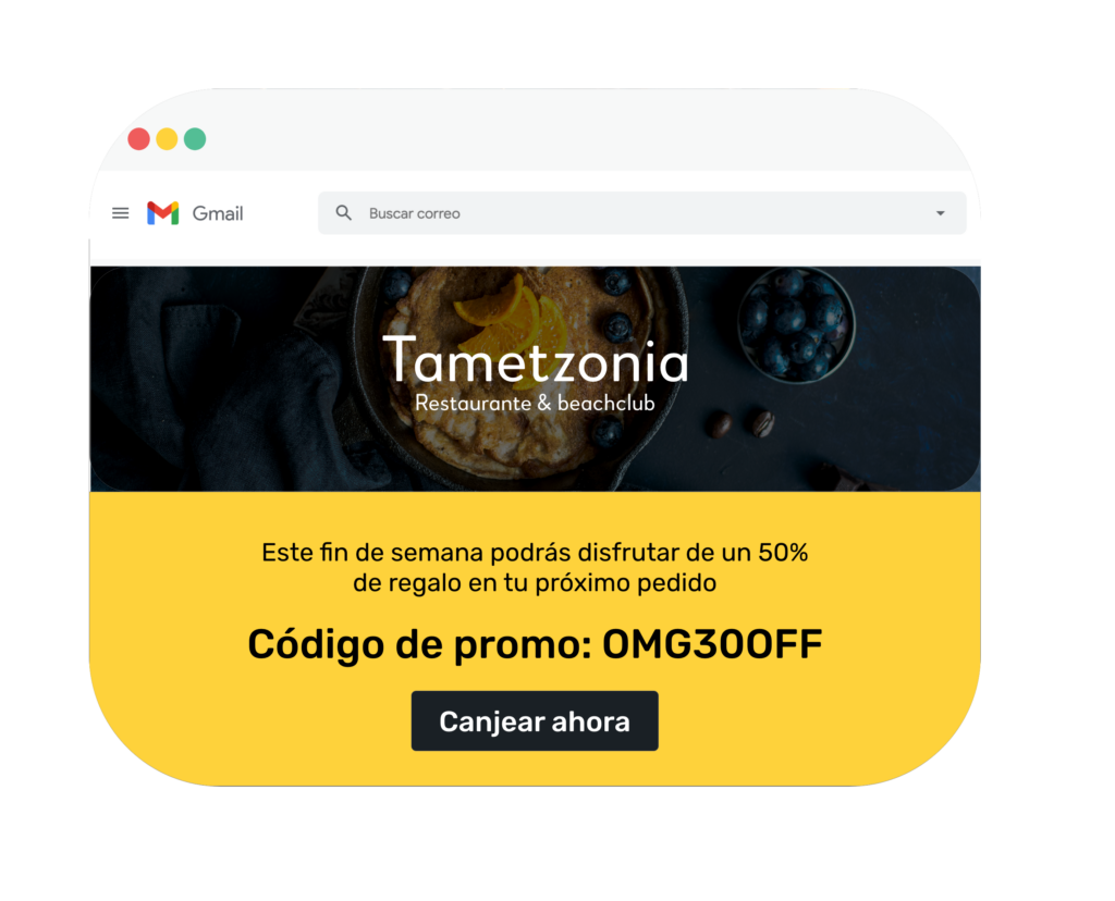 Esempio di un codice promozionale del ristorante Tametzonia per un 50% in regalo sul prossimo ordine.