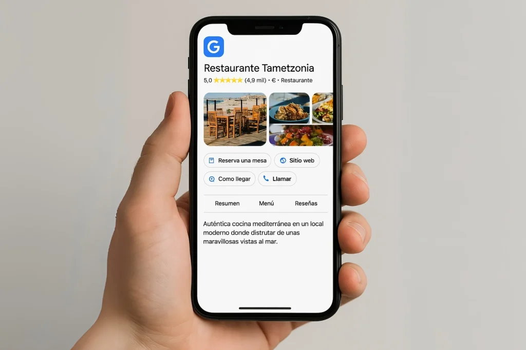 Restaurante en Google en móvil, perfecto para encontrar dónde comer en Semana Santa.