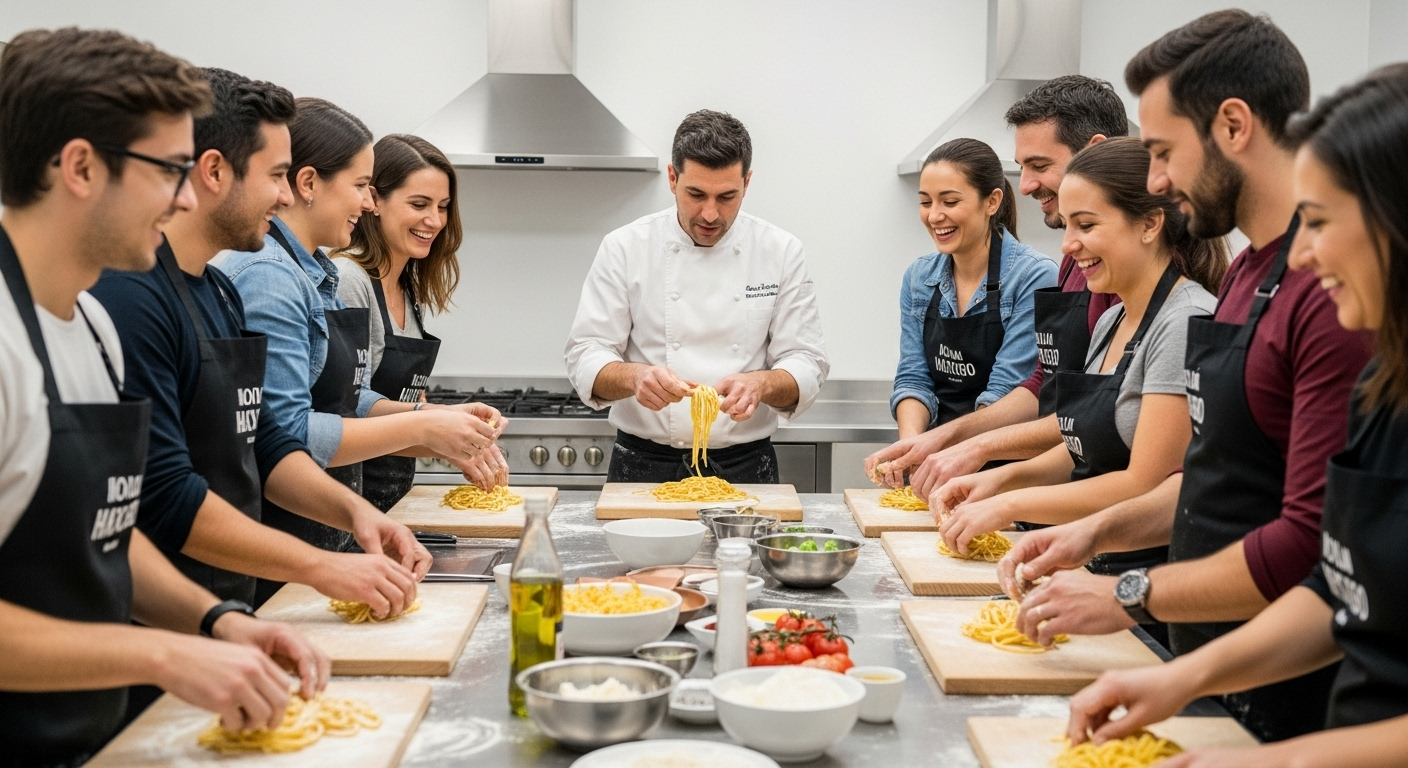 Participantes sonrientes en un taller de cocina de pasta en un restaurante, una estrategia visual para mostrar eventos rentables y participativos que atraen clientes.