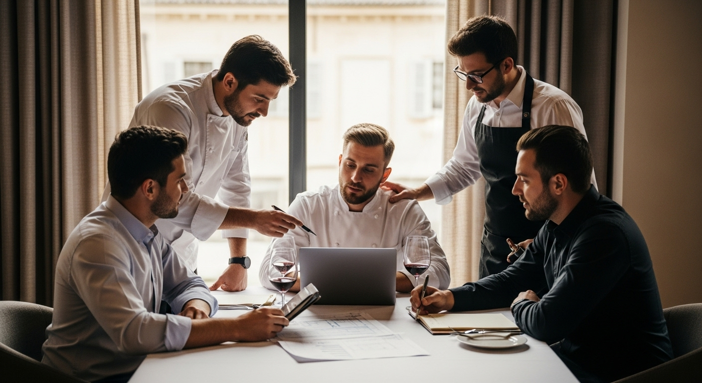 Equipo de restaurante, incluyendo chef y gerente, planificando un evento con un portátil y notas sobre una mesa, simbolizando la logística y organización estratégica.