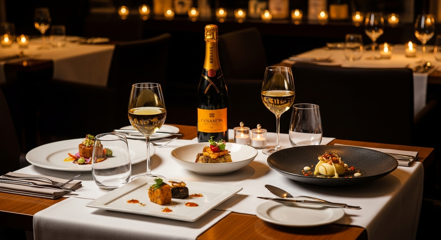 Mesa de restaurante con presentación premium de platos para una experiencia culinaria especial