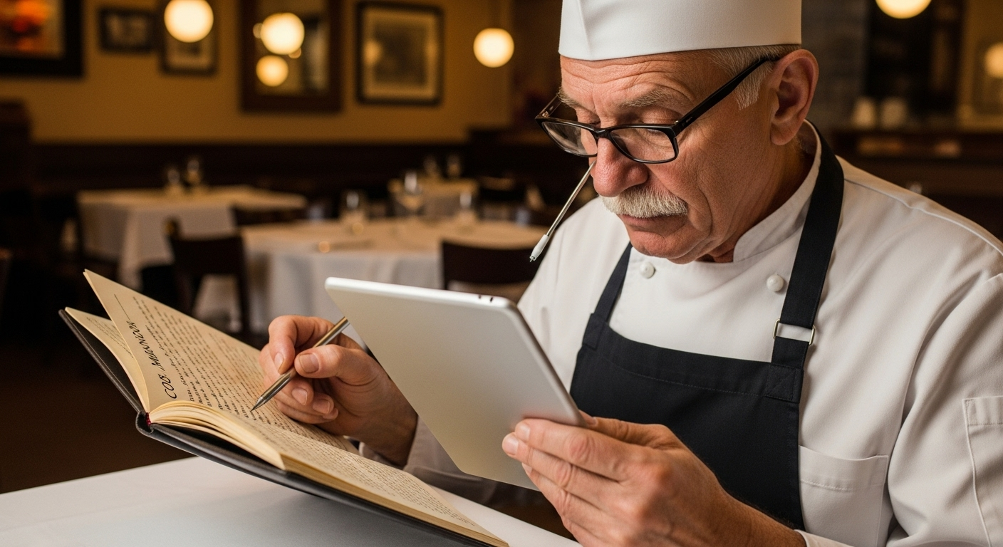 A group of waiters and chefs attending a presentation about a new digital tool; some look interested, others sceptical.