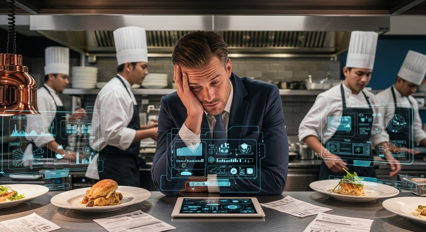 Illustration of gears and disordered processes being aligned by a hand operating a tablet with management software.
