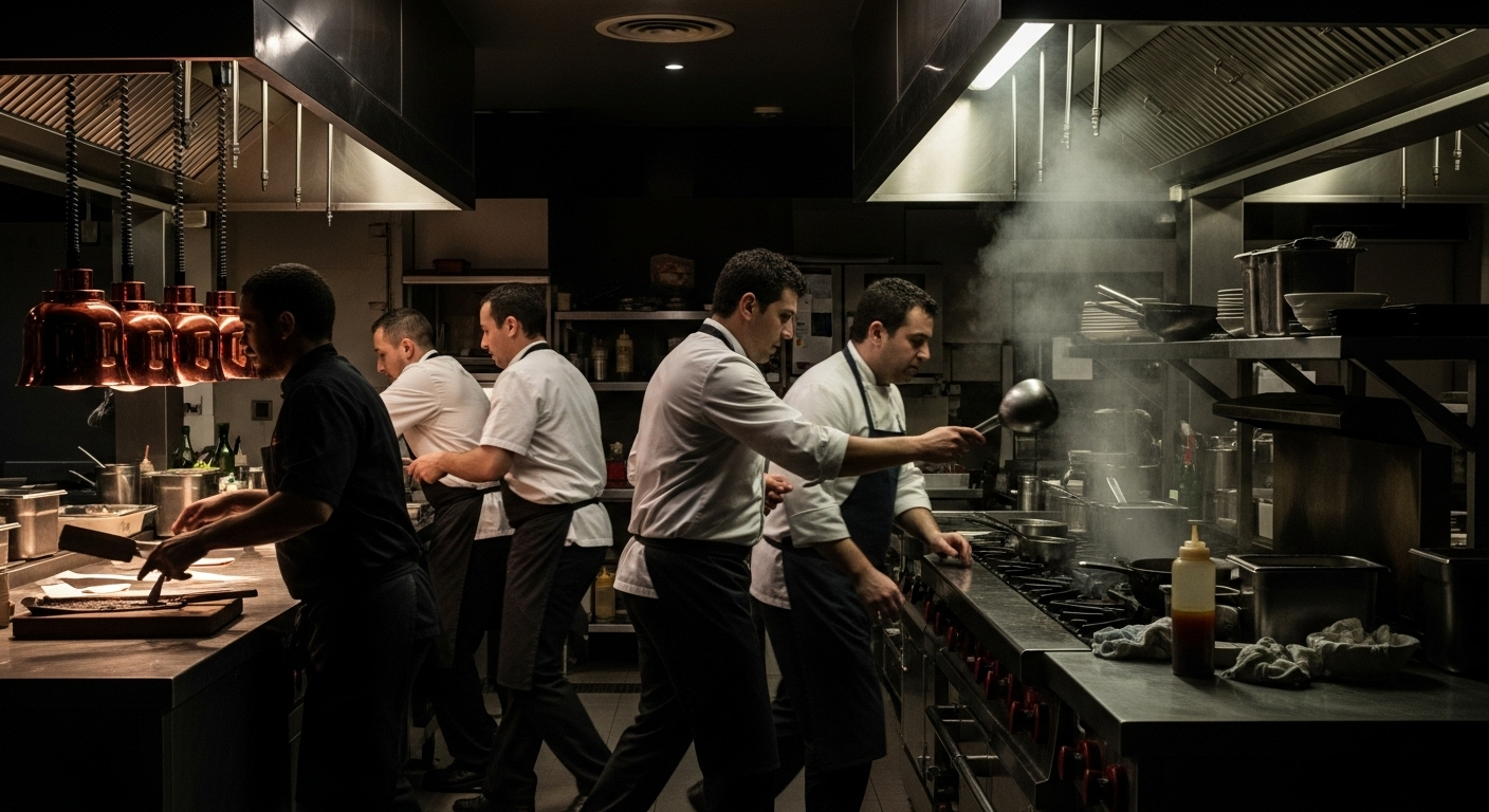 Palpable tension in a restaurant kitchen during service.