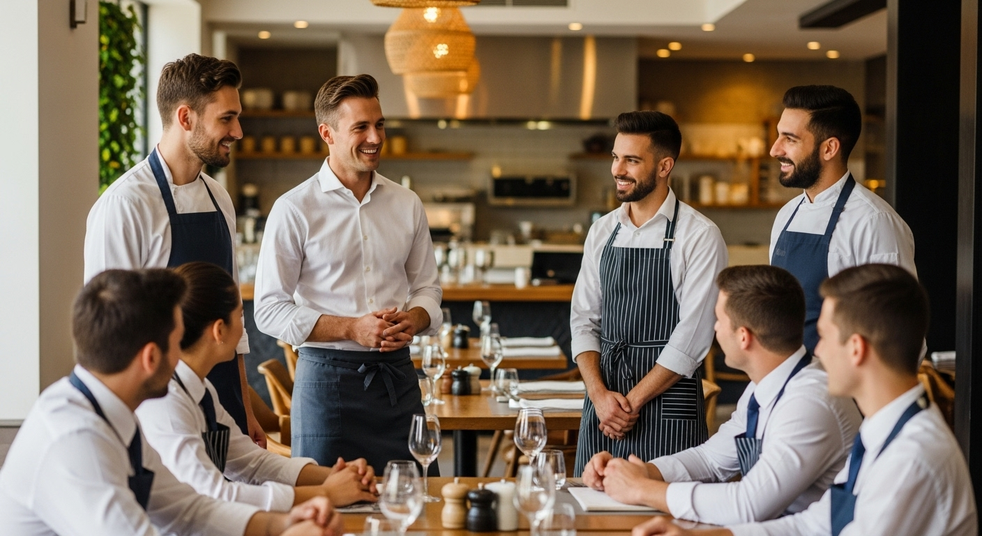 Restaurant team taking part in a motivational briefing.