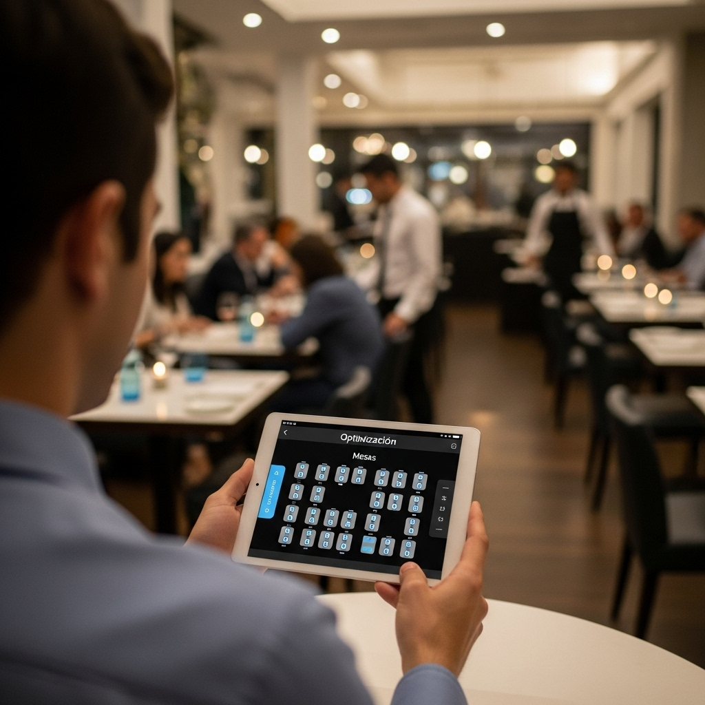 Primeiro plano da mão de uma pessoa a usar um tablet para gerir as mesas na planta digital de um restaurante.
